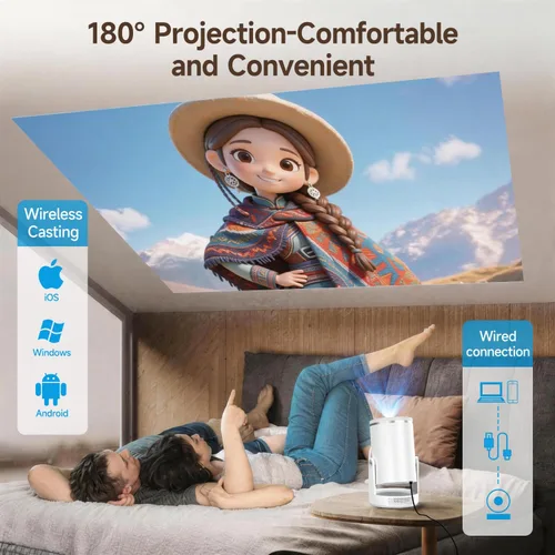 Vista 4 de Mini proyector con Wifi 6 y Bluetooth 5.4, proyector portátil inteligente 4K, Android 14 y 400 ANSI, enfoque automático y Keystone, proyector