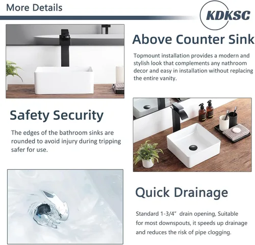 Vista 7 de Lavabo pequeño para baño tipo vasija 11.8"x11.8" pulgadas cuadrado, lavabo de baño de cerámica blanca, lavabos de baño modernos sobre encimera
