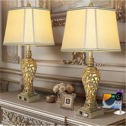 Vista 16 de Juego de 2 lámparas de mesa de noche con luz nocturna y puertos USB A+C, lámparas de mesa vintage de 27" de alto con acabado de hoja de plata