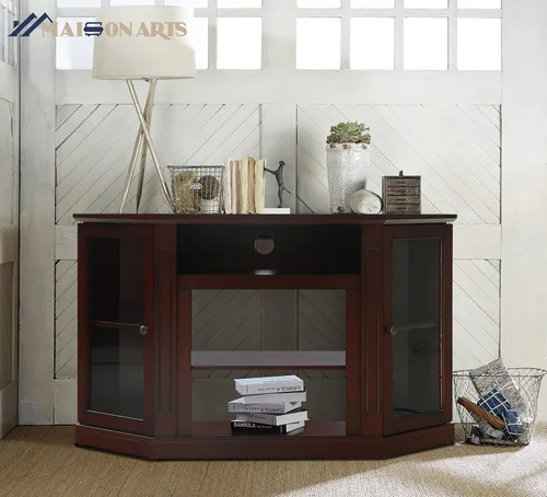 Vista 4 de MAISON ARTS Moderno soporte de TV de esquina con centro de entretenimiento de almacenamiento con 2 puertas, mesa de consola multimedia para sala