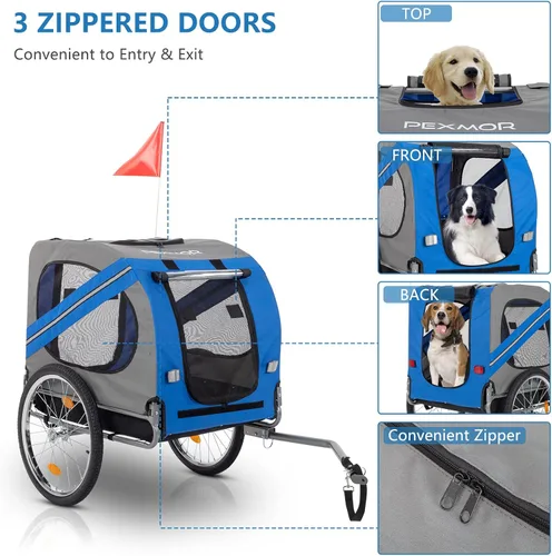 Vista 4 de PEXMOR Remolque de bicicleta para perros, carrito plegable para mascotas con enganche universal, transporte de carga para perro y ruedas de Azul