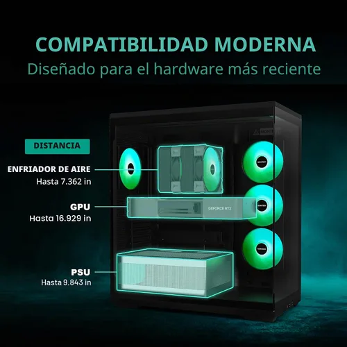 Vista 7 de MONTECH Funda para PC TG3 Panorámica ATX, lista para conexión trasera y 4 Negro