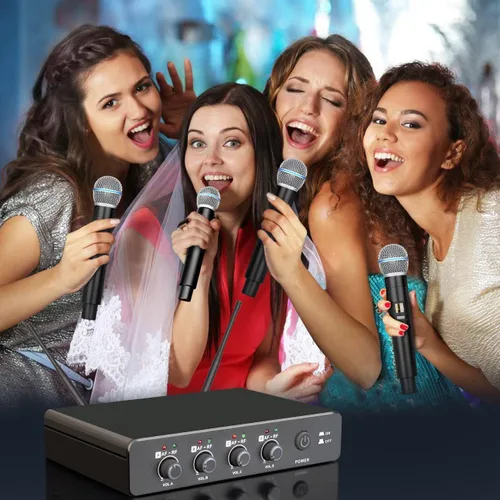 Vista 6 de Depusheng R4 - Micrófonos inalámbricos para karaoke profesional, 4 canales, sistema de micrófono inalámbrico de mano, micrófono dinámico de metal