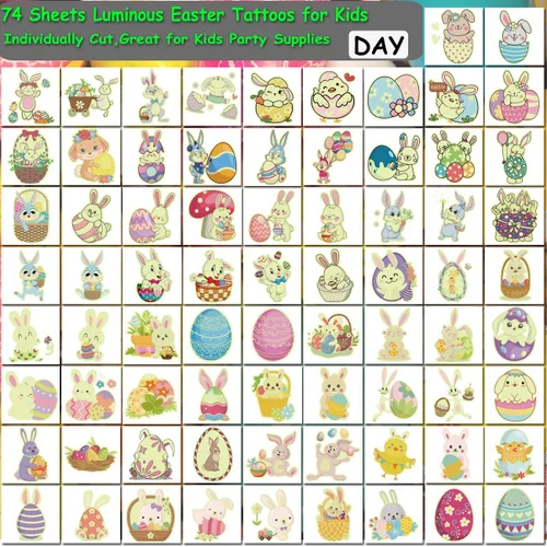 Vista 3 de CHARLENT Tatuajes temporales de Pascua que brillan en la oscuridad para niños, rellenos de cesta de Pascua, 74 hojas individuales, tatuajes