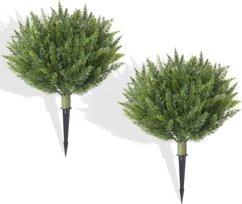 Vista 10 de Juego de 2 arbustos artificiales de boj de Navidad, plantas artificiales de exterior resistentes a los rayos UV de 20 pulgadas con picos de tierra 2