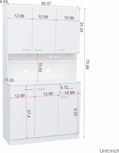Vista 2 de 6-Door Tall Wardrobe & Kitchen Cabinet with Open Shelf and Drawer, White Design for Bedroom Use