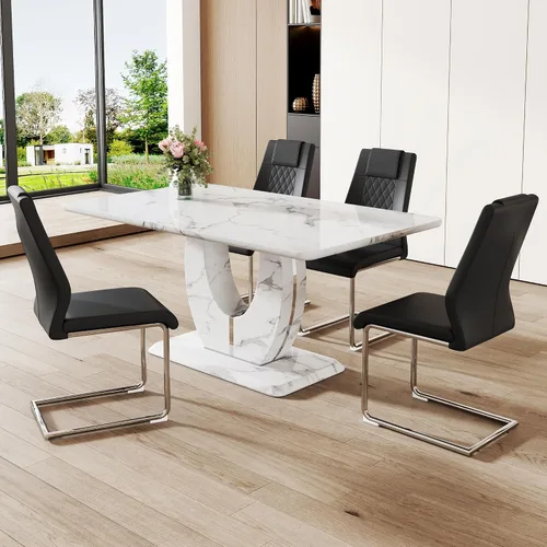 Vista 103 de JUFU Juego de mesa de comedor moderno para 4, juego de mesa de cocina rectangular de 63 pulgadas con mesa de mármol sintético y 4 sillas tapizadas