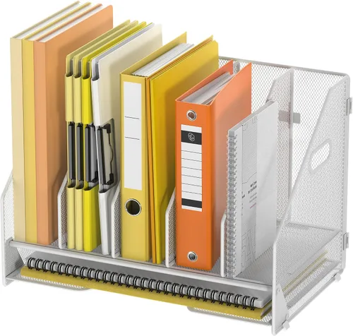 Vista 10 de Docnest Organizador de archivos de escritorio, 4 compartimentos verticales con bandeja de cartas, soporte de archivos de malla con asa