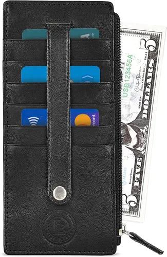 Vista 3 de Leatherboss - Funda para tarjetas todo en uno, cartera delgada con correa de protección para tarjetas, Negro -, Cartera con tarjetero