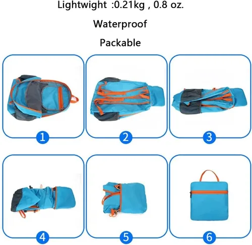 Vista 6 de Mochila plegable de senderismo para viajes, mochila ligera para camping, bolsa de hombro para vacaciones, bolsa casual, Azulclaro, Mochila de viaje