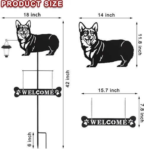 Vista 3 de BAYN Letrero de bienvenida de corgi de raza solar con silueta de perro con una linterna para jardín, césped, patio, camino Corgi Gift, Bone Shaped