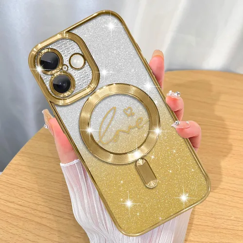 Vista 60 de ZIYE - Funda magnética diseñada para iPhone 13 con purpurina, color negro Luxury Plating Love Heart Compatible with MagSafe Camera Protection