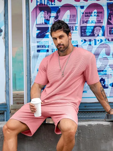 Vista 3 de Babioboa Conjunto de camiseta y pantalones cortos de manga corta para hombre, 2 bolsillos, de gran tamaño, de dos piezas, casual, uso diario