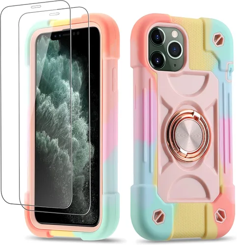 Vista 110 de Funda para iPhone 11 de 6.1 pulgadas con soporte de anillo, con 2 protectores de pantalla de vidrio, resistente a los golpes, resistente a