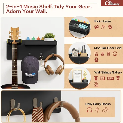 Vista 4 de Bikoney Soporte de pared para guitarra, colgador de guitarra con bloqueo Negro Gancho automático individual