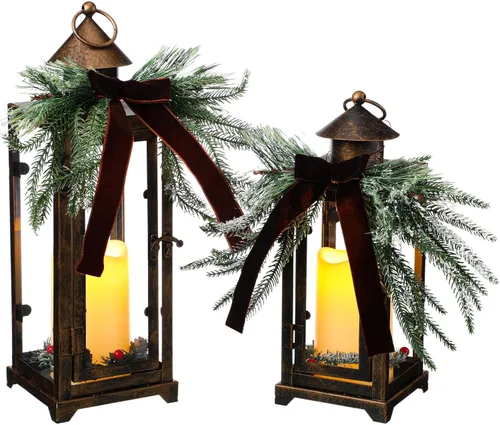 Vista 9 de Baquler 2 faroles de metal negros de Navidad y velas LED falsas de 12 y 15 pulgadas, faroles decorativos con adorno de Navidad para porche