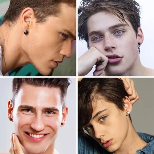 Vista 2 de Aretes negros para hombre, 4 pares de aretes de acero quirúrgico, hipoalergénicos Aritos para Hombre, juego de aretes negros para hombre y mujer