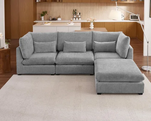 Vista 17 de Sofá Modular de Tamaño Grande, Sofá Seccional de Chenilla Cloud Extra Profundo con Chaise Otomana, Sofá Cama de Chenilla Esponjosa de 5 Asientos
