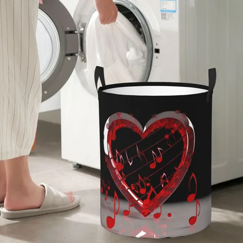 Vista 7 de Music Note Heart print Circular Hamper Waterproof Storage Bin Organizer Basket Laundry Hamper With Handles For Clothes Toys Small