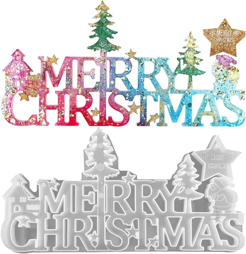 Vista 9 de Moldes de Navidad para resina, molde de resina 3D de letrero de Feliz Navidad, moldes de fundición epoxi para decoración de mesa de bricolaje