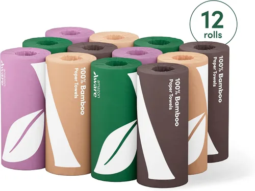 Vista 7 de Amazon Aware Toallas de papel de bambú, 12 rollos, 2 capas, certificado FSC, 150 hojas, 1800 unidades, paquete de 12, sin plástico, color blanco
