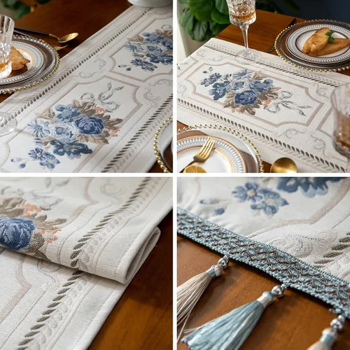 Vista 5 de Camino de mesa de lujo bordado, largo camino de mesa de comedor, elegante bufanda de jacquard con borlas múltiples para decoración de mesa