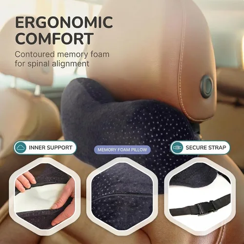 Vista 9 de Almohada para el cuello del automóvil para conducir, almohada de espuma viscoelástica para reposacabezas con correa ajustable de 14 pulgadas, funda