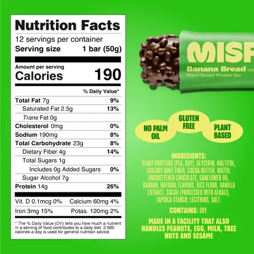 Vista 2 de Misfits Barras de proteína vegana – Pan de plátano Barras nutricionales – 0.49 oz de proteína, 0.04 oz de azúcar, a base de plantas, bajas