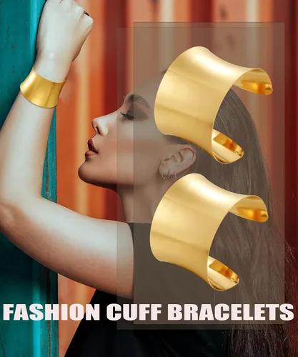 Vista 7 de BOMAIL Juego de 2 pulseras de brazalete para mujer, pulseras de alambre ancho abierto, pulsera dorada ajustable
