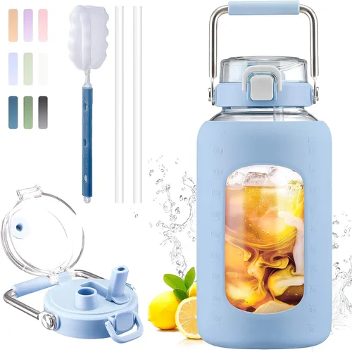 Vista 17 de BLUEGO Botella de agua de vidrio de 64 onzas con mango de acero inoxidable, botella de agua grande con marcadores de tiempo y funda de silicona Ámbar