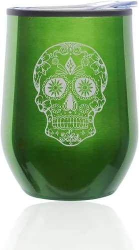 Vista 8 de Vaso de vino sin tallo, taza de viaje de café con tapa, calavera de caramelo de azúcar (oro rosa)