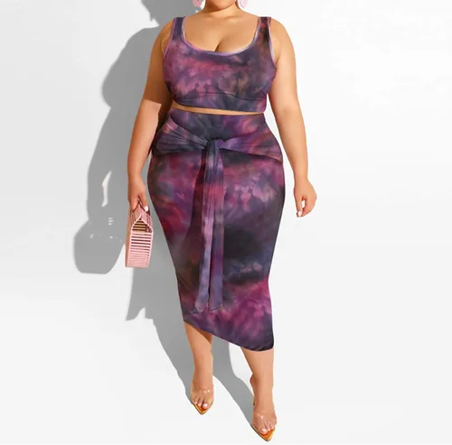Vista 3 de Conjunto vestido a media pierna de 2 piezas de talla plus, conjunto de falda ajustada, top ajustado, estampado estilo hippy sin mangas