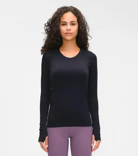 Vista 3 de Camiseta sin costuras para mujer, de manga larga, perfecta para yoga, gimnasio, para deportes y fitness, ajuste entallado