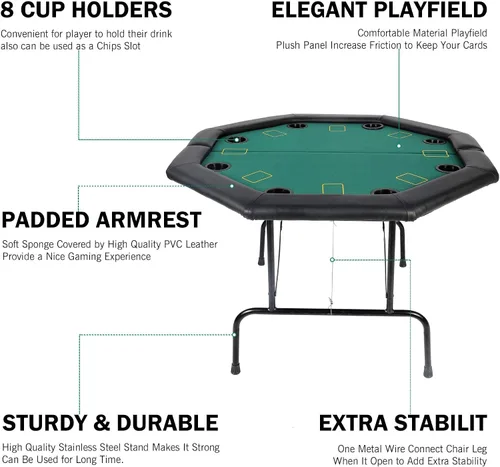 Vista 3 de Mesa de póquer plegable de casino mesas de póquer Texas Hold'em Mesa de póquer plegable, mesa de juego de mesa de fieltro con portavasos de plástico