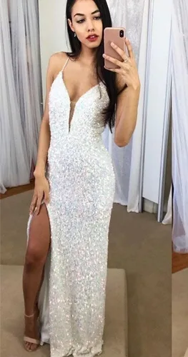 Vista 5 de Fivsole Vestido de fiesta de lentejuelas brillantes para mujer, ajustado, con abertura, vestido formal de fiesta de noche
