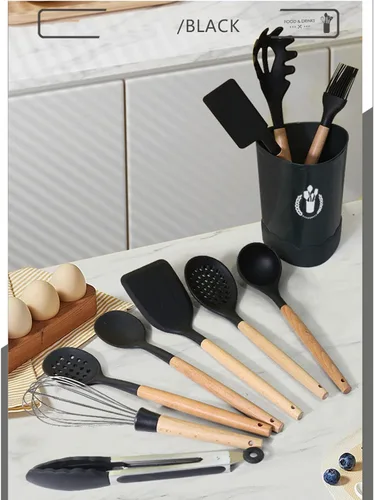 Vista 2 de Juego de utensilios de cocina de silicona negra, juego de utensilios de cocina de silicona resistente al calor con mango de madera, cucharas