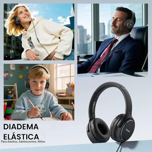 Vista 4 de Auriculares con cable USB C sobre la oreja con micrófono, control de volumen, puerto compartido y diadema ajustable, auriculares estéreo plegables