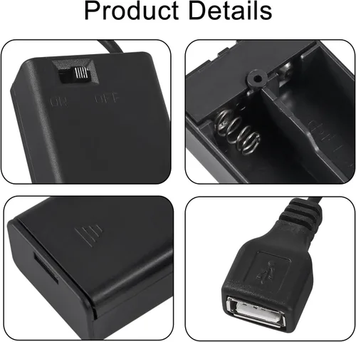 Vista 3 de ACEIRMC 4 piezas 2 AA soporte de batería, USB hembra zócalo 2 AA caja de batería titular con cubierta e interruptor de encendido/apagado