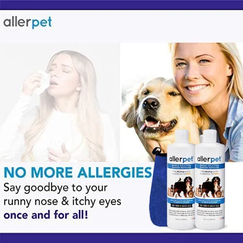 Vista 4 de Allerpet Single Solution - Removedor de caspa de botella de 16 onzas líquidas para mascotas (paquete de 2) – Alivia las alergias – Manopla adicional