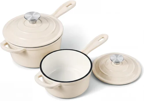Vista 25 de Onader Sartén de hierro fundido esmaltado, cacerola pequeña de 1 cuarto de galón con tapa, olla de hierro fundido, horno holandés esmaltado, Blanco