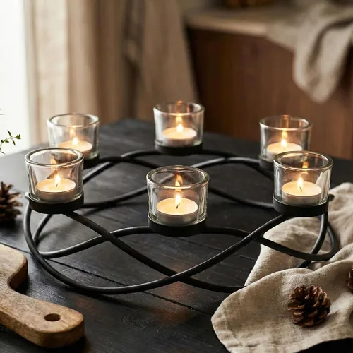 Vista 14 de Portavelas de Halloween Decoración de Centro de Mesa – Portavelas de Hierro Metal Negro de 6 Copas para Velas Votivas y de Té para Mesa Espeluznante