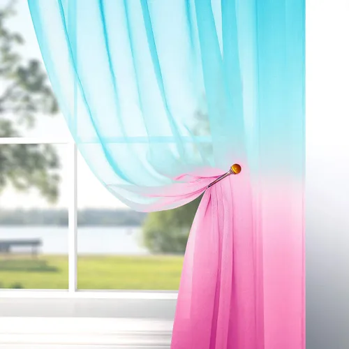 Vista 3 de Cortinas rosas y verdes para decoración de dormitorio de sirena, juego de 1 panel transparente, con bolsillo para barra, cortinas de sirena
