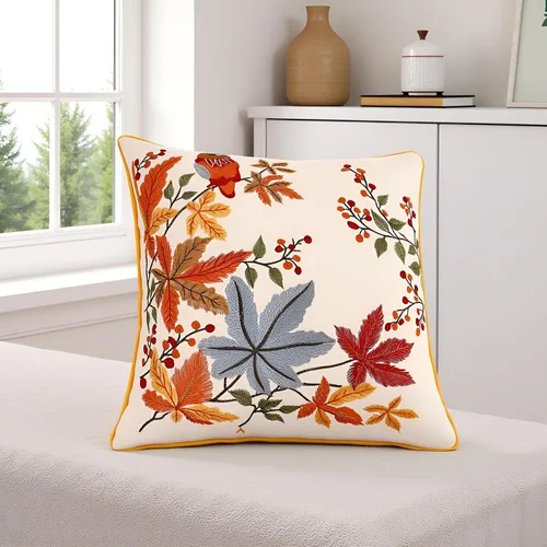 Vista 5 de Juego de 2 fundas de almohada bordadas de otoño de 16 x 16 pulgadas, diseño de pájaros vintage Hojas de arce, tela duradera, decoración bohemia