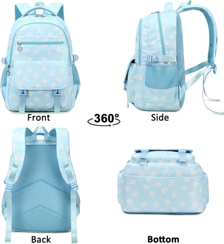 Vista 6 de Sugaroom Mochila escolar con lonchera para niñas adolescentes, Flor azul, Mochila floral con lonchera y bolsa para lápices