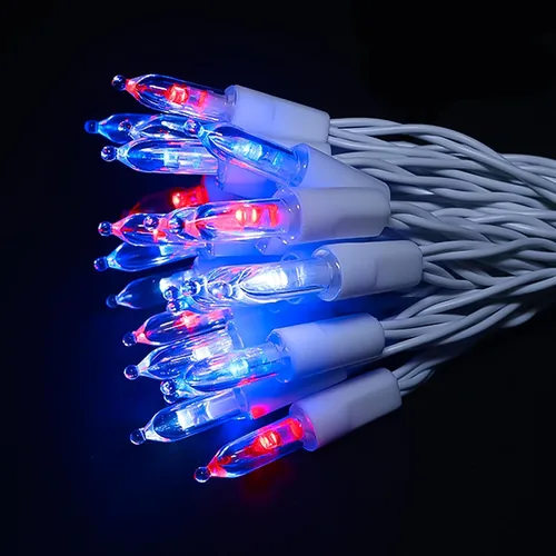 Vista 3 de Luces de cadena patrióticas a pilas - 50 luces LED mini rojas, blancas y azules para árbol pequeño, corona, manualidades, decoración