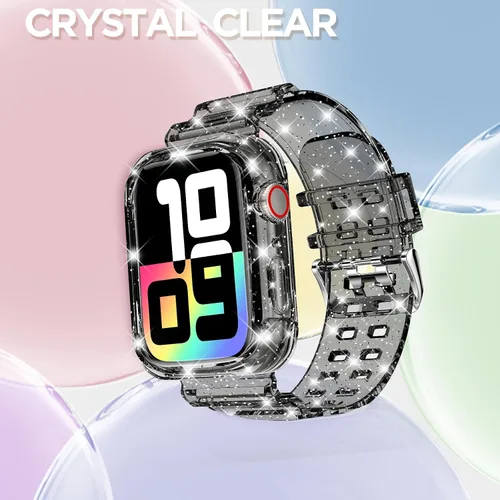 Vista 111 de DABAOZA - Correa transparente compatible con Apple Watch con estuche protector, correa deportiva de TPU con brillo para mujeres y hombres