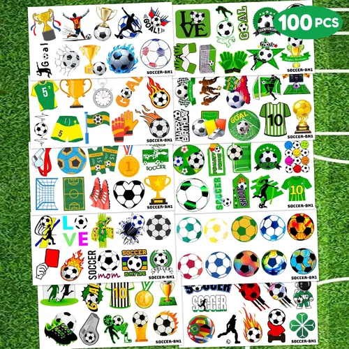 Vista 2 de 96 tatuajes temporales de fútbol para niños y niñas, recuerdos de fiesta de fútbol para niños, decoraciones de fiesta de cumpleaños deportivas