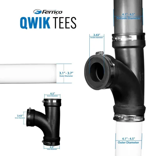 Vista 3 de Fernco 4" flexible de PVC Tee con buje reductor opcional de 3" para conexiones de tuberías de hierro fundido DWV, acero y plástico