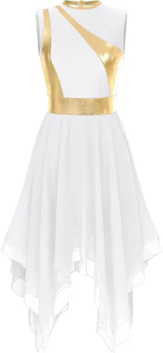 Vista 18 de Vestido de mujer de alabanza litúrgica con bloques de color, sin mangas, con dobladillo irregular, de estilo lírico para danza Borgoña