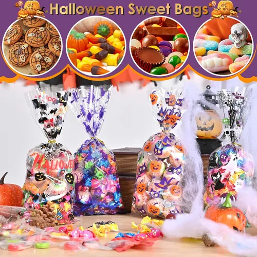 Vista 3 de AhfuLife 200 bolsas de celofán de Halloween, 8 diseños de bolsas de dulces transparentes de Halloween con lazos giratorios para golosinas o tratos